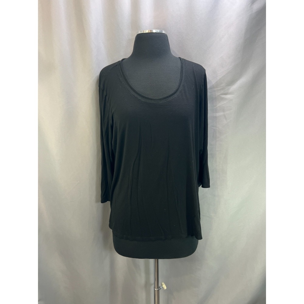 Tahari Blouse Top Womens Medium Black Stretch Mesh Trim Scoop Neck High Low Hem